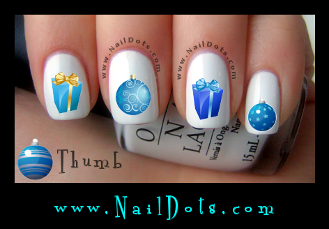 Christmas Nail Decals -  Blue Ornaments Presents